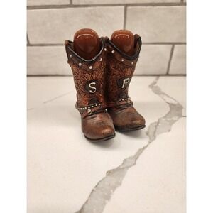 Vtg. Western Fancy Pair of Brown Cowboy Boots Salt And Pepper Shakers Holder Set